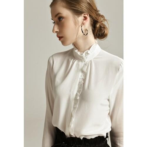 Pure Silk Vintage Shirt Women 100% Mulberry Silk Long Sleeve Mandarin Collar Basic Top M L XL XXL FREE SHIPPING