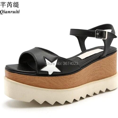 Qianruiti Women Platform Sandals Design Shoes Stars Thick Heels Peep Toe Casual Sandals British Style wedge Heels