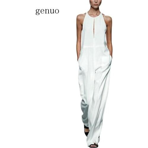 Summer Women Wide Leg Loose Jumpsuit Elegant Long High Waist Pocket Plus Size Casual Jumpsuit Ladies Sleeveless Rompers ED
