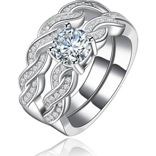 Women wedding ring sets 2pc lady jewelry high quality twisted design new hot zirconia zircon silver plated ring for engagement