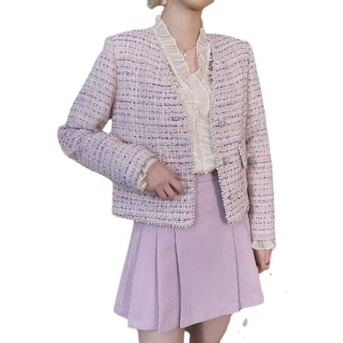 Sweet Tweed Beading Women Jackets V-neck Long Sleeve Runway Designer Temperament Coat Pearl Buttons Tops Female Autumn Winter