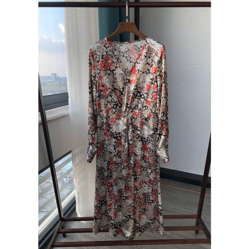 Women Dress 2020 Early Spring New Ink Print Sliding Satin V-Neck Long Sleeve Dress