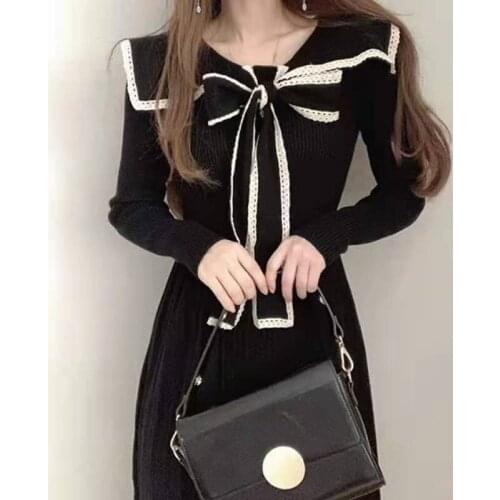 Korean Chic Sweet Bow Turn-down Collar Midi Dress High Waist Slim Pleated Knitted Robe Female 2021 Autumn Winter Solid Vestidos