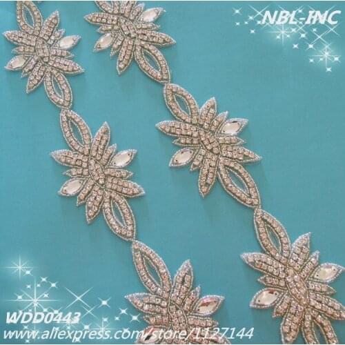 10 YARDS )Wholesale beaded bridal crystal glass silver rhinestone applique trim iron on for wedding dress sash IRON ON WDD0443