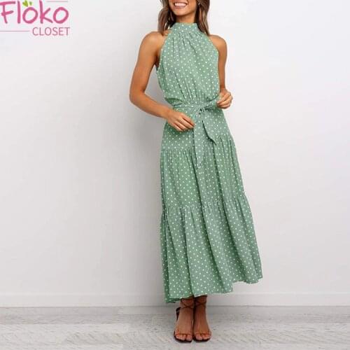 Flokocloset Lace Up Print Halter Maxi Dress for Women Summer Boho Beach Dress Women Evening Party Long Dresses 18 Colors