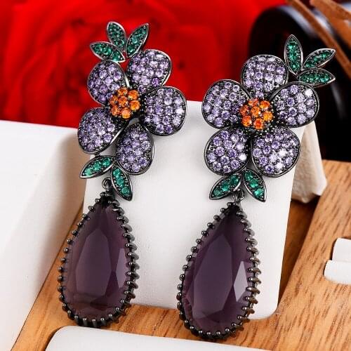 GODKI Trendy Purple Flowers Drop Earring For Women Wedding Cubic Zirconia Dubai Bridal Earrings Costume Jewelry Summer Party