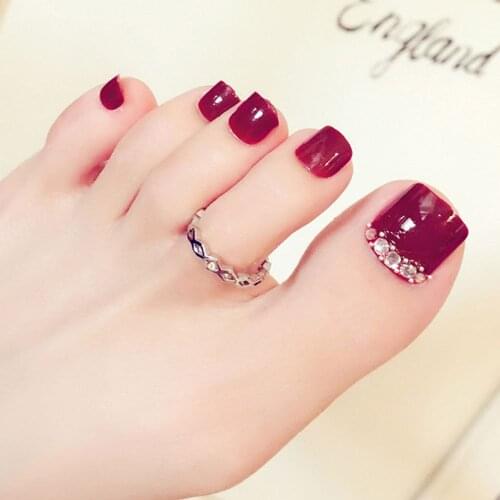 24pcs Red Rhinestone Art Tips Full Cover False Toe Fake Nails Manicure Tools Hot Art Decoration Toenails Beauty Tools