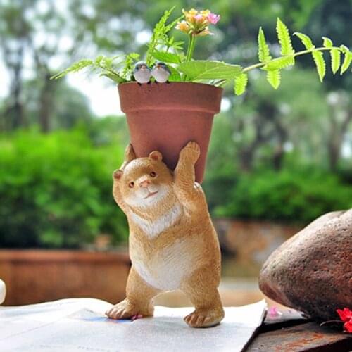 Creative Cute Bear Flower Pot Handmade Resin Crafts Cartoon Animal Fairy Garden Miniature Figurines Home Decoration Accessories