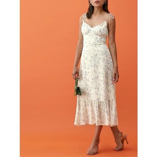 Summer Dresses For Women 2021 Party Elegant Vintage Print Ruffle Hem Midi Dress Frilled V Neck Sleeveless Spaghetti Strap Dress