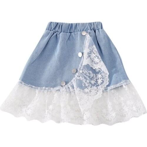 Summer New Kids Girls Lace Denim Skirt