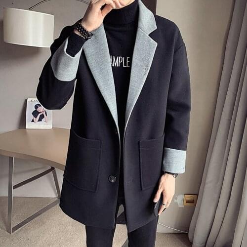 Gothic Mens Windbreaker Autumn and Winter New Coat Mens Korean Patchwork Mid-length Woolen Coat All-match Windbreaker