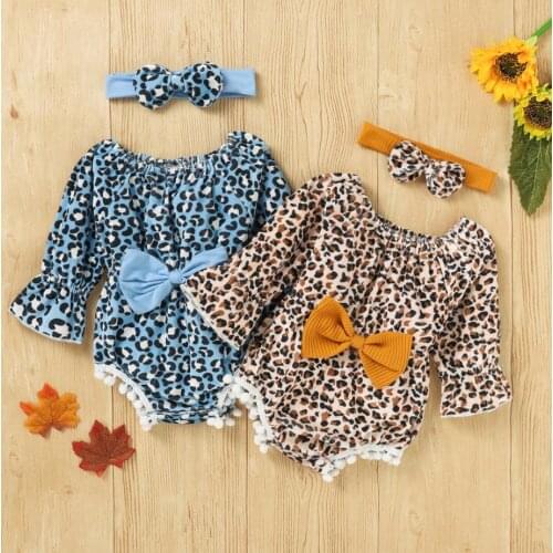 Fall Spring Warm Infant Baby Long Sleeve Romper Bow Headband Leopard Print Ruffle Decoration Girls Bodysuits Clothing