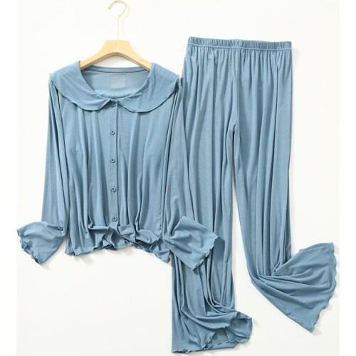 New Pijama Mujer Doll Collar Sweet Women Pajamas Set Long Sleeve Trousers Modal Sleepwear Buttons Spring Autumn Home Clothes