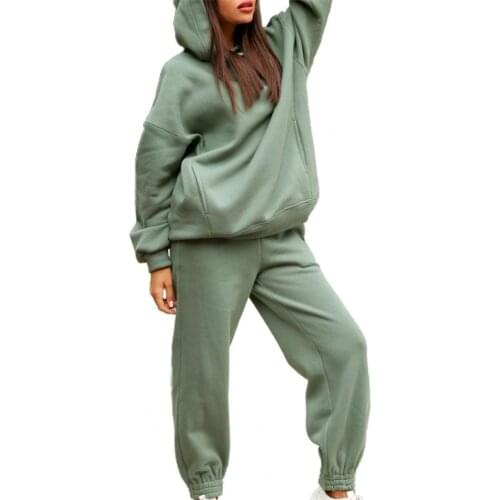 Casual Tracksuit Solid Color Hooded Pockets Women Outfit Two Piece Long Sleeve Sweatshirt Elastic Waist Sweatpants Set Streetwea