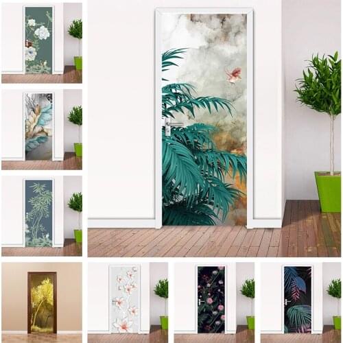 PVC DIY Self-adhesive Door Stickers Tropical Plants Art 3D Leaves Flowers Wallpaper For Bathroom Living Room Doors Waterproof