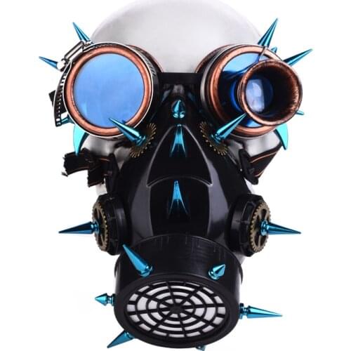 Retro Men Women Steampunk Blue Rivet Goggles Gas Mask for Cosplay Gothic Punk Rock Spikes Glasses Respirator Period Costumes