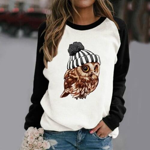 40# Oversize T-shirts Women Owl Print Patchwork Top Stitching Contrast Color Harajuku Long Sleeves O-neck Top Футболки Оверсайс