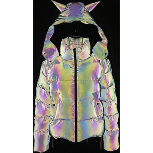 Women Reflective Hooded Parkas Down Bubble Coat Puffle Jackets Cool Bling Luminous Cute Hooded Down Jacket Thick Warm Outcoats