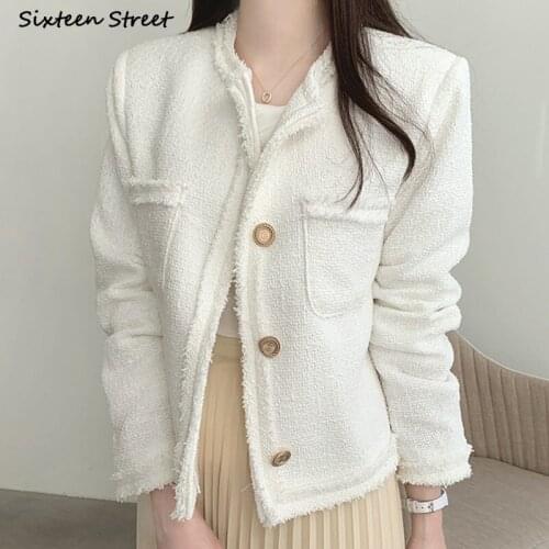 White Tweed Jacket Woman Single Breasted Autumn Winter 2021 O Neck Pocket Cropped Coat Business Elegant Runway Clothing Korea