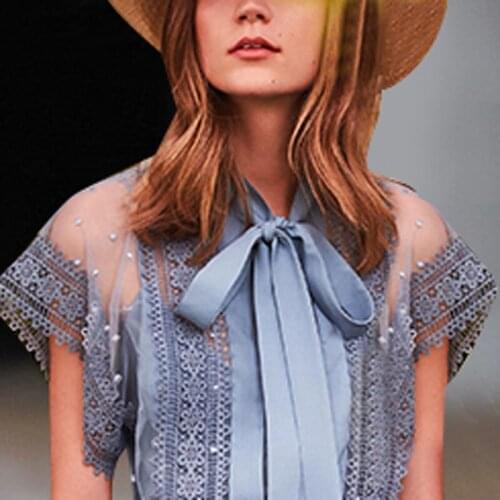 2020 New Arrival Runway Woman Set Luxury Designer High Quality Lace Mesh See Through Bow Blouse Top+Belt Long Skirt 2 Piece Suit