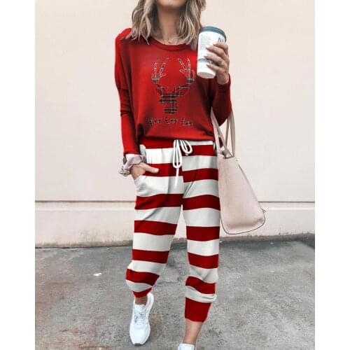Women Fashion Casual Two-Piece Set Suits Set Female Autumn Clothes Christmas elk Print Top &Striped Drawstring Pants Set