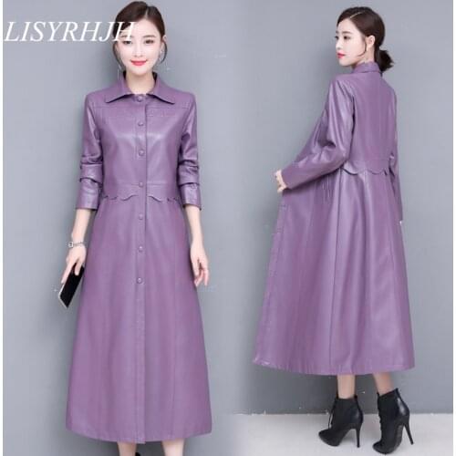 2020 top Compound sheepskin coat lady Free wash PU leather jacket lace-up plus size trench coat Long with cotton overcoat