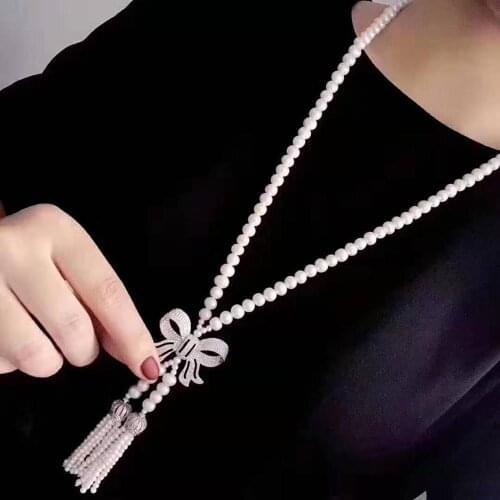 Womens fashion jewelry micro inlaid zircon bow accessories 3-4-5-6-7-8-9mm freshwater pearl tassel pendant necklace