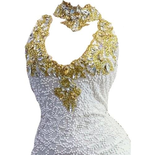 Gold White Rhinestone Halter Short Dress Women Dancer Show Outfit Birthday Celebrate Prom Dance Beading Bodycon Dress Party
