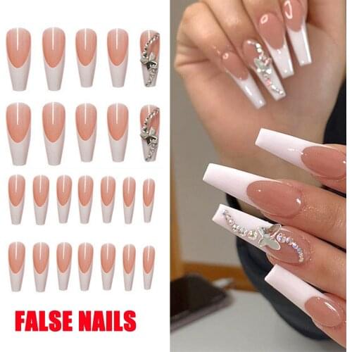 24pcs/Box Detachable Butterfly Rhinestone Ballerina False Nails With Glue Wearable Long Coffin Fake Nails Full Cover Nail Tips