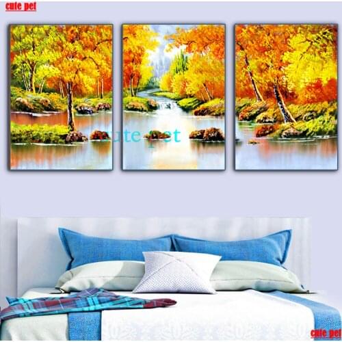 3PCS Diy diamond painting Autumn trees river mosaic home decoration embroidery pattern Cross Stitch handmade rhinestone puzzle