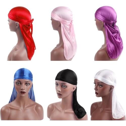 6 pcs/lot Unisex Long Silk Satin Breathable Turban Hat Wigs Doo Durag Biker Headwrap Chemo Cap Pirate Hat Men Hair Accessories