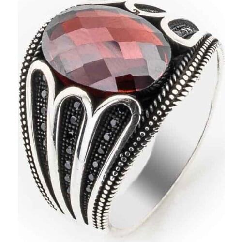 925 sterling Silver Red Zircon Micro Male Ring