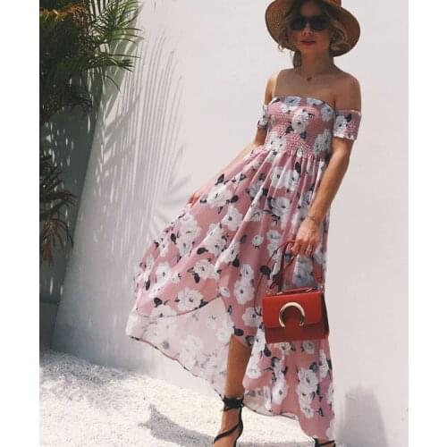 AECU Off Shoulder Long Dress Women Strapless Beach Split Beach Dress Female Maxi Dress Bohemian Floral Tunic Dresses Summer