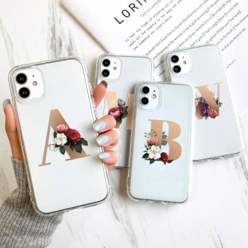 For IPhone 11 Pro 12 Pro Max Case Letters A-Z Cases For Iphone XS Max X XR 7 8 Plus 6 6S Iphone12 Mini Shell Flower Funda Cover