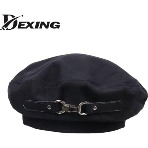 Black beret female ins leather buckle design dark black Japanese niche wild British retro painter hat