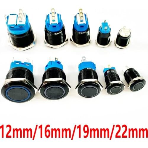 Black Push Button Switch 12/16/19/22mm Waterproof illuminated Led Light Metal Flat Momentary Switches with power mark 5V 12V 24V