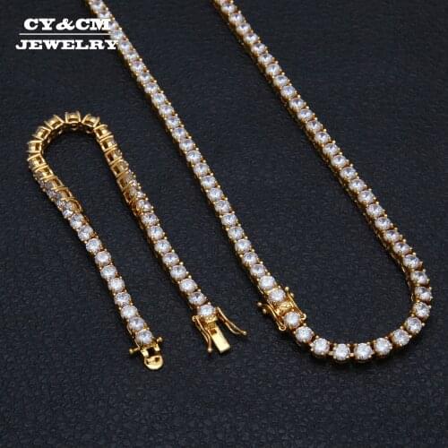 CY&CM 5mm Women Men Tennis Chain Link Bracelet 8" 1 Row CZ Copper Hip Hop Mens Jewelry Set Gold Silver Plated 24" Punk Necklace