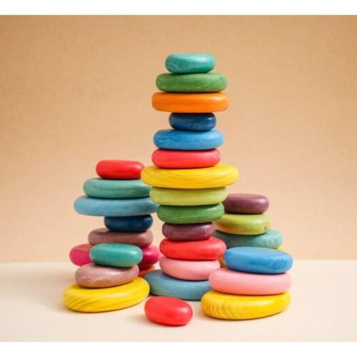 Wooden Stacked Stone Balanced Toy Colorful Rainbow Build Block Jenga Game Nordic Style Montessori Education Wooden Toy For Baby