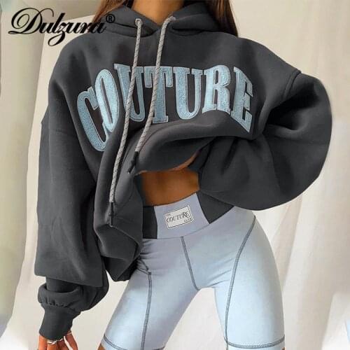 Dulzura Letter Embroidery Women Long Sleeve Pullover Hoodie Sweatshirt Loose Oversized Casual Streetwear 2021 Autumn Winter