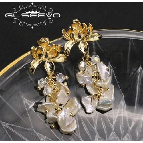 GLSEEVO Natural Fresh Water Baroque Pearl Drop Earrings For Women Wedding Dangle Flower Earrings Luxury Handmade Jewelry GE0310