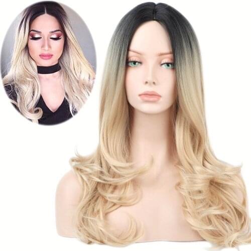 Fake long blond wig Long Synthetic Wigs Ombre Brown Blonde Middle Part Heat Resistant Wavy Wigs For Women Cosplay Party