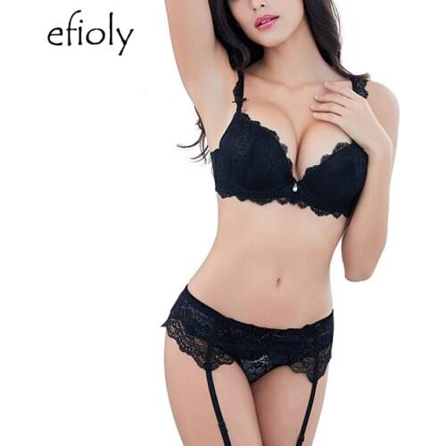 2019 New Deep V Bra Set Push Up Bra + Panties + Garter Lace Embroidery Underwear Set Sexy Lingerie Simple Suit lingerie bras