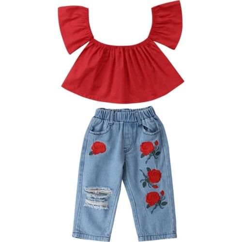 Summer Toddler Kids Baby Girls Top Off Shoulder T-shirt Embroidery Floral Denim Ripped Pants Jeans 2Pcs Clothes Sets 2-7T
