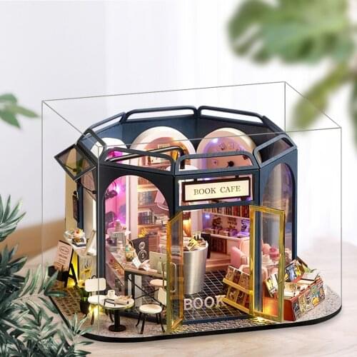 Miniature Dollhouse with Furniture Plus Dustproof Case Wood Crafts Modern Book & Coffee House 3D Puzzles Doll House Gift