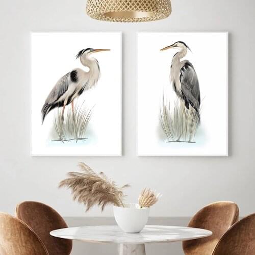 Nautical Bird Prints Vintage Grey Heron Bird Drawing Wall Art Canvas Painting Animal Poster Wall Pictures for Living Room Decor