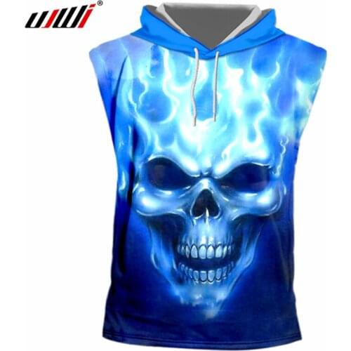 UJWI Dropshipping Tshirts Men Hip Hop Punk Style Sleeveless Hoodies Man 3D Cool Print Blue Flame Skull Sleeveless Hooded T-shirt