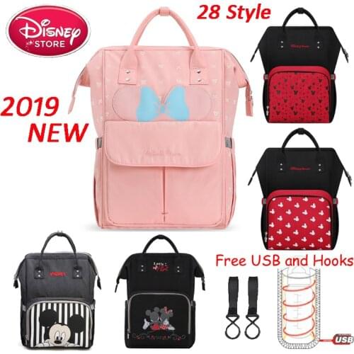 Genuine Disney Mummy Diaper Bags with USB Bottle Insulation Feeding Bag Waterproof Mom Bags Mickey Minnie Handbag Backpack