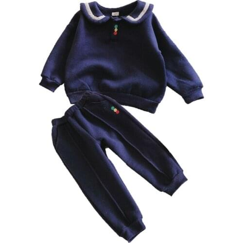 New Winter Children Girls Casual 2pc Clothing Sets Peter Pan Collar Velvet Thicken Top+Pant Sport Suits 2-7Yrs Toddler Clothes