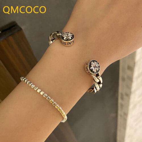 QMCOCO Korean Star Zircon Bracelet Woman 925 Silver Vintage Personality Roman Digital Punk Minimalist Bracelet Trend Party Gifts