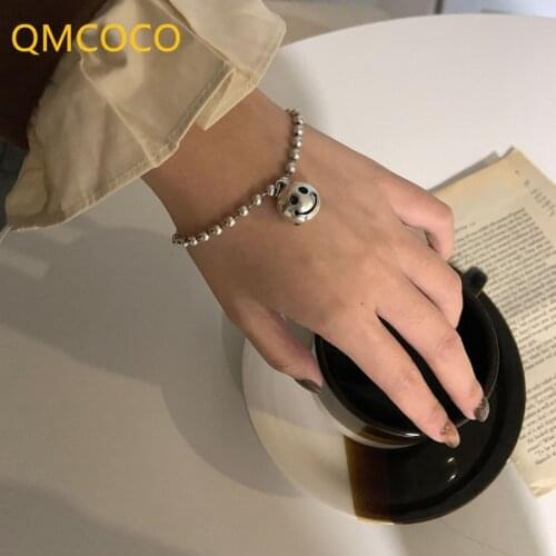 QMCOCO 925 Silver New Fashion Simple Small Round Bead Bracelets Bangles For Women Gilr Smile Face Pendant Jewelry Adjustable